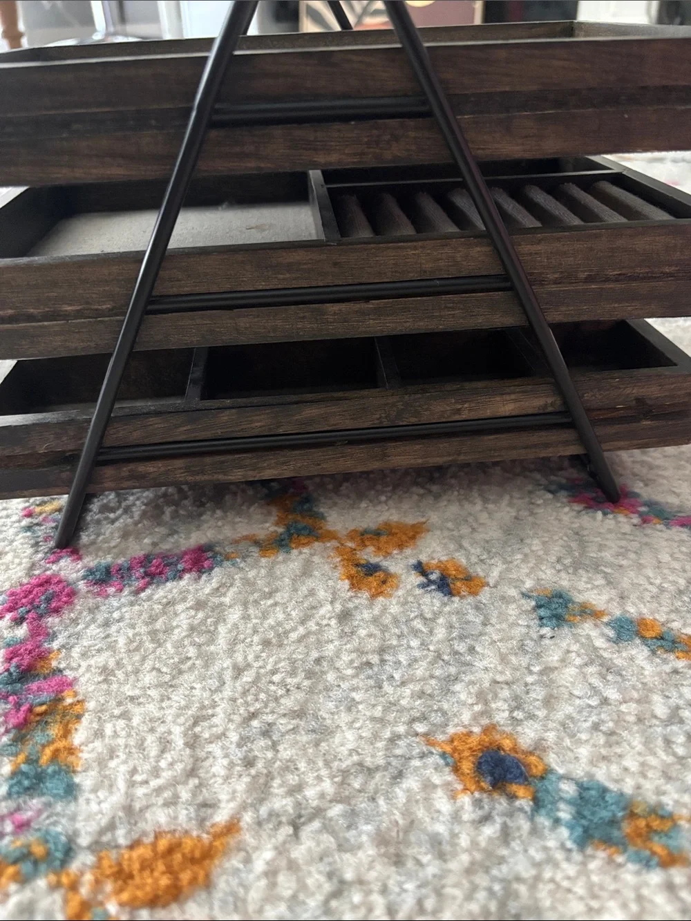 Modern Black Metal Triangle Magazine Rack with Brown Wood Shelves